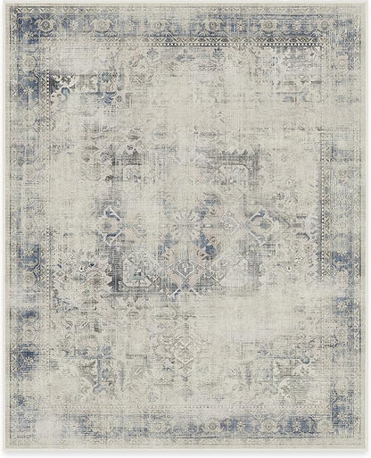 RUGGABLE Washable Vintage Area Rug – Kamran Blue Quartz 8x10, Stain-Resistant, Non-Slip – Large Machine Washable Rugs for Living Room, Bedroom, Hallway, Entryway & Office–with Standard Pad