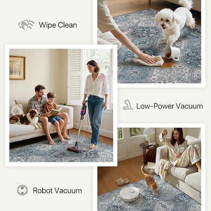 Bavni 6x9 Area Rugs for Living Room, Machine Washable Rug Non Slip, Vintage Chenille Distressed Print Carpet, Large Low Pile Ultra-Thin Lightweight Rugs for Bedroom, Dining Room, Home, Office, Blue