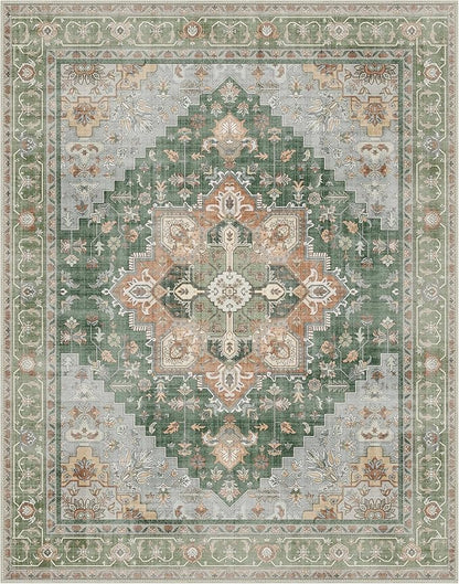GENIMO 5x7 Area Rugs for Living Room, Machine Washable Non Slip Vintage Rugs, Low Pile Lightweight Chenille Print Rug for Bedroom, Dining Room, Home Office,Sage Green