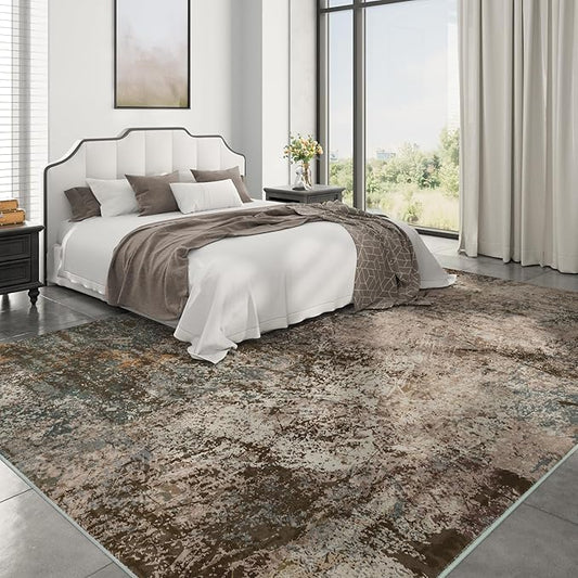 Arbosofe Modern Abstract Rug for Living Room, 6'x9' Washable Area Rug with Non-Slip Backing & Short Pile, Large Carpet with Abstract Pattern for Living Room Bedroom and Dining Floor Carpet Brown