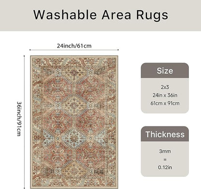 Bavni 2x3 Rugs for Entryway Indoor, Machine Washable Area Rug Non Slip, Vintage Distressed Throw Rugs, Ultra-Thin Small Entry Carpet, Low Pile Door Mat for Entrance, Bedroom, Kitchen, Bathroom, Spice