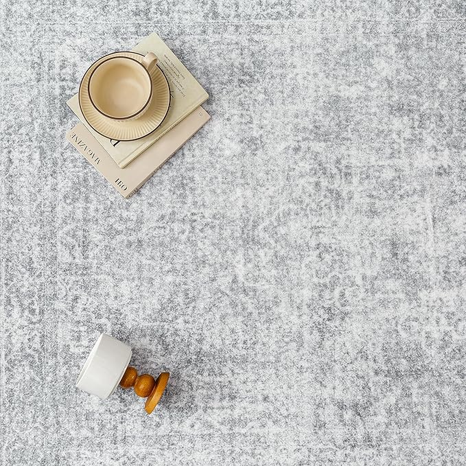 2x8 Runner Rug Washable Vintage Indoor Hallway Carpet Non Slip Grey Bedroom Low Pile Kitchen Distressed Long Retro Accent Throw Rug for Bathroom Dining Laundry Living Room