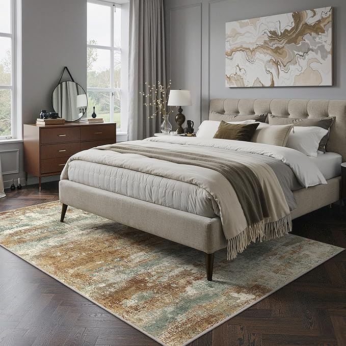 GENIMO Abstract Area Rug 5x7, Washable Modern Rug Non Slip, Low Pile Lightweight Soft Large Carpet for Living Room, Bedroom, Dining Room, Orange Green