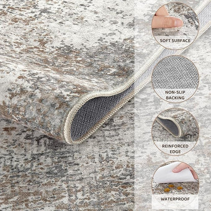 Area Rug Living Room Rugs - 9x12 Washable Large Soft Indoor Neutral Modern Abstract Low Pile Rug Carpet for Bedroom Dining Room Farmhouse Home Office - Brown/Grey/Black