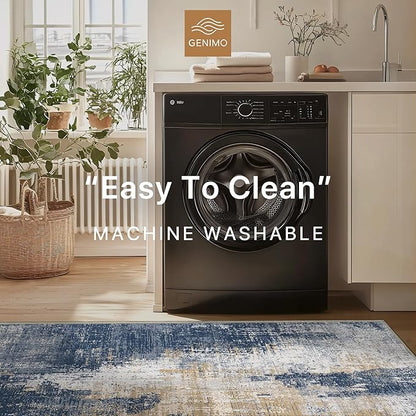 GENIMO Washable Area Rugs for Living Room, 8x10 Modern Non Slip Rugs, Low Pile Lightweight Soft Print Rug for Bedroom, Dining Room, Home Office, Washed Navy Blue