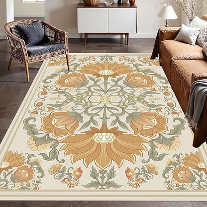 Abstract Sunflower Area Rugs, 3x5ft, Traditional Rustic Vintage Tropical Floral Theme Beige Farmhouse Boho Carpet, Shaggy Low Pile Fade Resistant Home Goods Rug for Living Room Kitchen