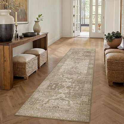 2x8 Washable Vintage Runner Rug for Living Room Bedroom Non Slip Distressed Traditional Soft Runner Rug Beige Brown Low Pile Lightweight Floral Runner Kitchen Hallway Balcony