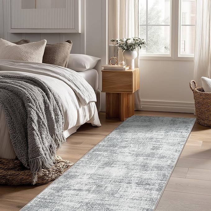 Modern Abstract Neutral 3x8 Runner Rug for Hallway Low Pile Non Slip Washable Rugs Floor Covering Grey Carpet Runners for Kitchen Laundry Room