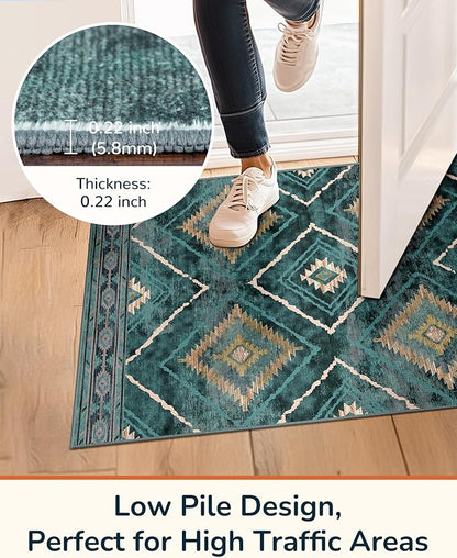 Area Rug 3x5 Rug Machine Washable Non-Slip Low Pile Print Pattern Western Rug for Living Room Bedroom Entryway Tribal Series -Teal/Green