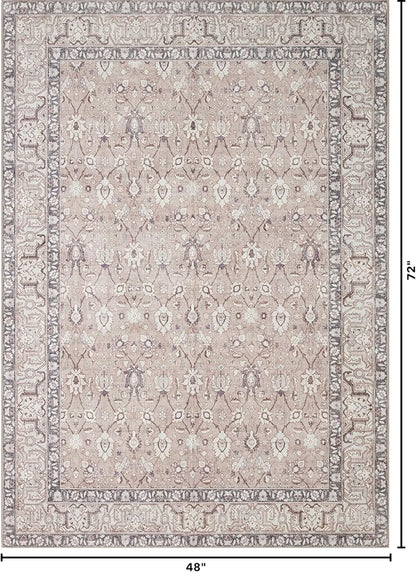 Kuden 4x6 Area Rug, Machine Washable Area Rug with Non-Slip Backing, Vintage Style, Soft, Easy Clean, Low Pile Rug for Living Room, Bedroom, Dining Room