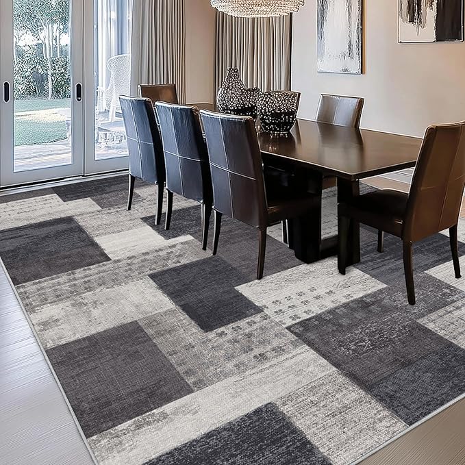 Modern Geometric Patchwork Indoor Area Rug for Living Room, Charcoal 9'x 12' Large Rug Rockwood Collection Hardwood Floors Decor for Bedroom, Grey Throw Carpet for Office Entryway Dining Room