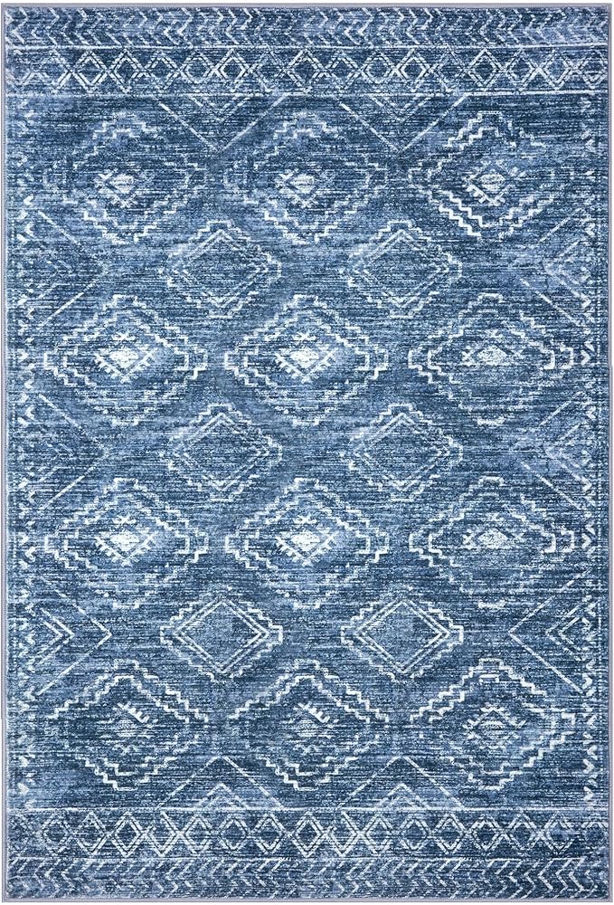 KILOCOCO Living Room Rug 6x9 Area Rug Printed Boho Washable Bedroom Rugs Non Slip Soft Large Moroccan Indoor Rugs for Dining Room Office Farmhouse Geometric Carpet, Stonewashed Blue
