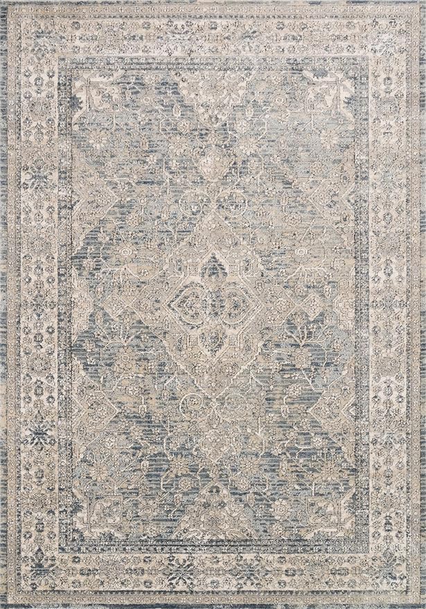 Loloi Teagan Collection TEA-04 Sky/Natural 6'-7" x 9'-2" Area Rug, Large, Soft Neutral Rug, High-Traffic for Living Room, Bedroom, Home Office, Dining Area