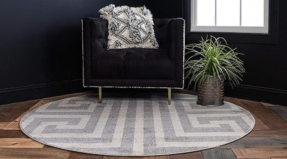 Unique Loom Athens Collection Classic Geometric Modern Border Design Area Rug (6' 0 x 6' 0 Round, Gray/ Beige)