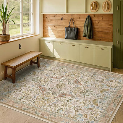 Washable Area Rugs 5x7 for Living Room - Boho Cottagecore Earthy Rugs for Bedroom, Dinning Room, Office with Vintage Beige Taupe Botanical & Bird Pattern, Non Slip Stain Resistant Low Pile