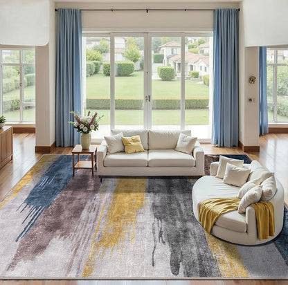 Ciicool Modern Abstract Yellow Grey Rug for Living Room, 9'x12' Machine Washable Area Rug Non-Slip Rug, Low-Pile Contemporary Indoor Dining Floor Carpet for Bedroom Office Under Table Home Decor