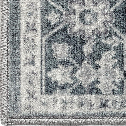 DEXI 8x10 Area Rug for Living Room, Washable Vintage Farmhouse Thin Rug Indoor Floor, Non Slip Stain Resistant Low Pile Carpet for Dining Room Bedroom Office, Blue Grey
