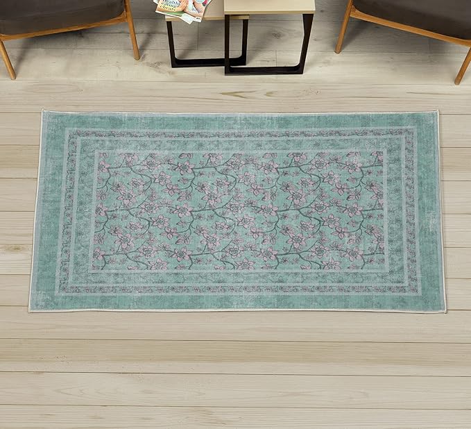 Ambesonne Floral Decorative Rug, Curlicue Flower Branches of Romantic Spring Soft Colors Botanical Meadow Art, Quality Carpet for Bedroom Dorm and Living Room, 2' 2" x 3' 7", Rose Mint Green