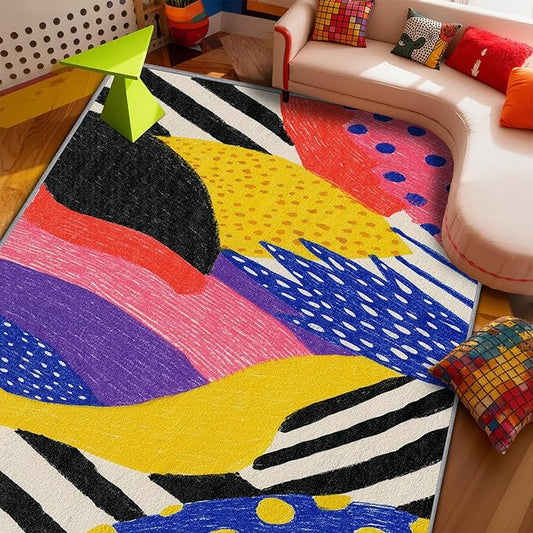 Abstract Rug, Colorful Pop Art Graffiti Area Rugs 5x6, Hippie Aesthetic Funky Non Slip Thin Carpets House Decor #C006
