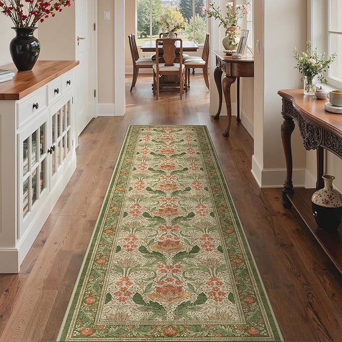 Bavni 2'6''x10 Runner Rug,Microfiber Washable Non-Slip Vintage Floral Rugs,Low Pile Lightweight Carpet for Bedroom,Hallway,Entryway,Kitchen,Bathroom, Sage Green & Burnt Orange
