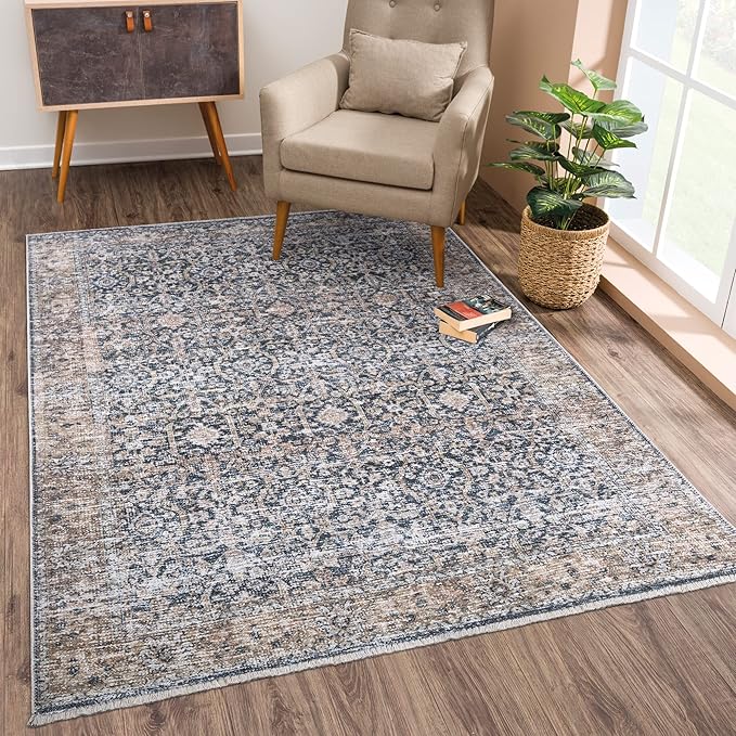 Bloom Rugs Washable Non-Slip 2x3 Rug - Dark Blue/Tan Traditional Oriental Area Rug for Living Room, Bedroom, Dining Room, and Kitchen - Exact Size: 2' x 3'