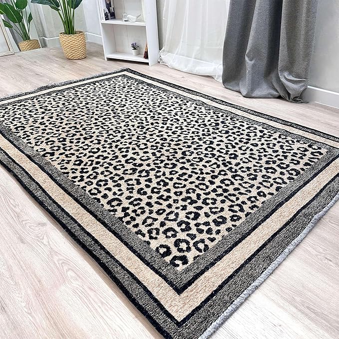 Alfa Rich 7x10 Leopard Beige Black Washable Area Rugs for Living Room Bedroom Kitchen Cotton Rug