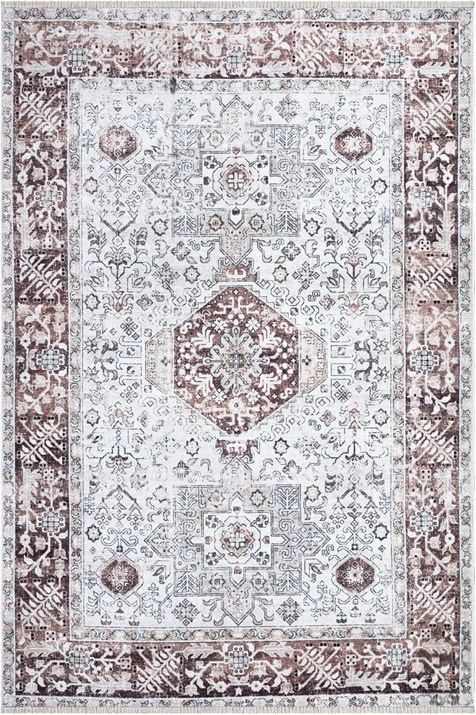 Bloom Rugs Caria Washable Non-Slip 9x12 Rug - Beige/Brown Traditional Area Rug for Living Room, Bedroom, Dining Room, and Kitchen - Exact Size: 9' x 12'