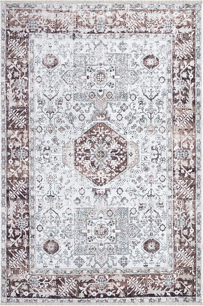 Bloom Rugs Caria Washable Non-Slip 9x12 Rug - Beige/Brown Traditional Area Rug for Living Room, Bedroom, Dining Room, and Kitchen - Exact Size: 9' x 12'
