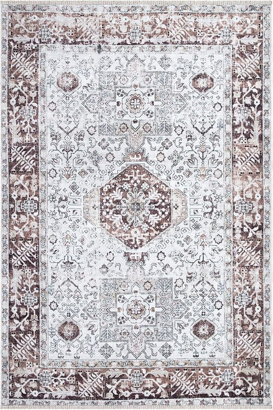 Bloom Rugs Caria Washable Non-Slip 3x5 Rug - Beige/Brown Traditional Area Rug for Living Room, Bedroom, Dining Room, and Kitchen - Exact Size: 3' x 5'