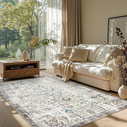jinchan Kalen Area Rug 5x7 Washable Living Room Rug Vintage Indoor Floor Cover Retro Distressed Floral Country Boho Lightweight Non Slip Carpet for Kitchen Bedroom Dining Room Office Blue