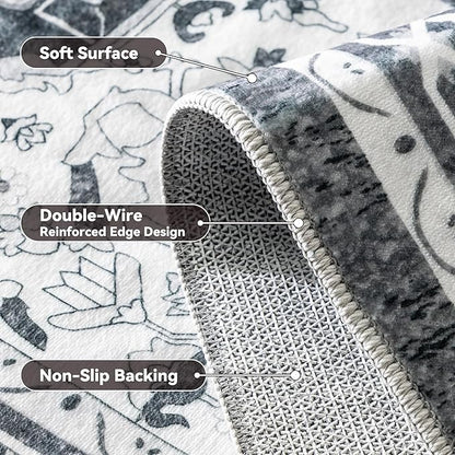 EnHomee 4x6 Washable Area Rugs for Bedroom, Boho Vintage Rugs, Foldable Area Rug for Dining Room, Non-Slip Soft Living Room Rug, Low Pile Large Carpet for Bathroom, Grey