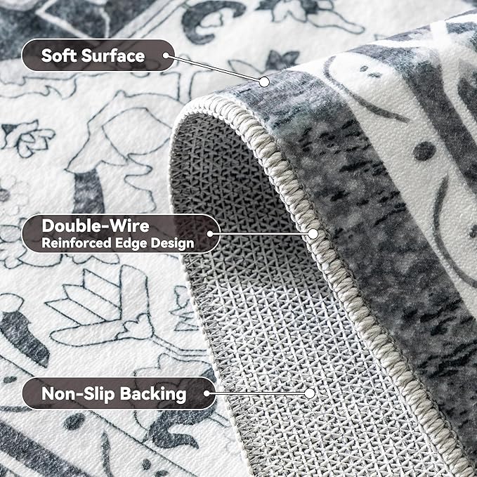 EnHomee 8x10 Washable Area Rugs for Bedroom, Boho Vintage Rugs, Foldable Area Rug for Dining Room, Non-Slip Soft Living Room Rug, Low Pile Large Carpet for Bathroom, Grey