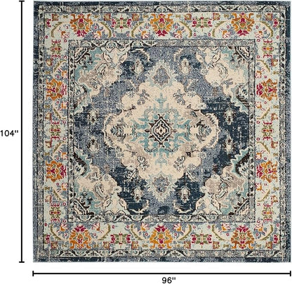 SAFAVIEH Monaco Collection Area Rug - 8'8" Square, Navy & Light Blue, Boho Chic Medallion Distressed Design, Non-Shedding & Easy Care, Ideal for High Traffic Areas in Living Room, Bedroom (MNC243N)