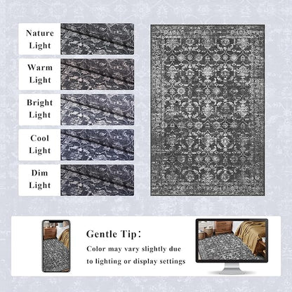 Washable Area Rug 4x6 Black Rugs for Living Room, Vintage Boho Large Rug for Bedroom Dining Room Office, Distressed Floral Print Carpet for Under Table, Soft Non Slip Low Pile Throw Carpet Indoor Mat