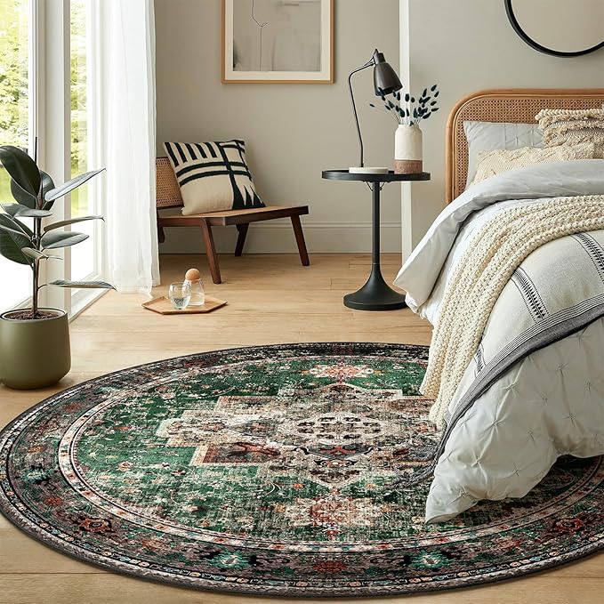 Round Rug 5ft for Bedroom, Green Washable Circle Rug Non-Slip Boho Area Rug 5' Round Carpet for Dining Room Kitchen Dorm Bathroom Low Pile Soft