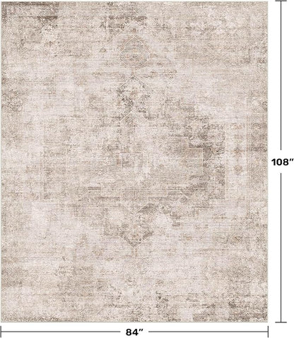 Neutral Farmhouse Area Rug for Bedroom - 7x9 Washable Rug for Dining Room Table, Ultra-Thin Soft Textured Boho Abstract Indoor Decor, Fade & Stain Resistant