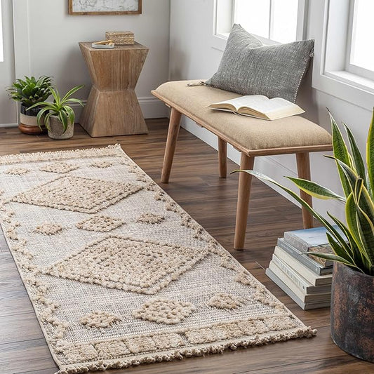 Hauteloom Ampusungan Modern Moroccan Medallion Farmhouse Hallway, Entryway Runner Rug - High Low - High Pile Long Carpet - Cream, Beige, Brown, Beige - 2'7" x 7'3"