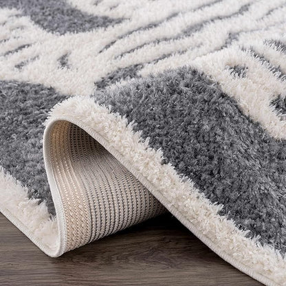 Hauteloom Tilos Moroccan Farmhouse Living Room Bedroom Nursery Shag Area Rug - Shaggy Carpet - Tiger Pattern - High Plush Pile - Dark Grey, Charcoal, Beige, Cream - 7'10" x 10'