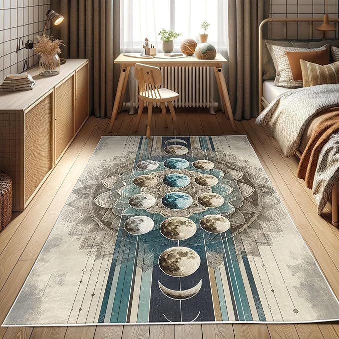 Ambesonne Lunar Art Decorative Rug, Oriental Bohemian Mandala with Moon Phase and Abstract Lines Modern, Quality Carpet for Bedroom Dorm and Living Room, 2' 2" x 3' 7", Cadet Blue and Eggshell