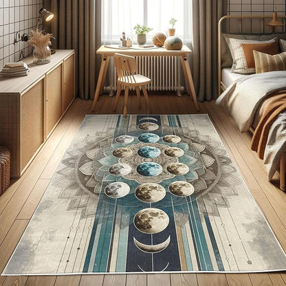 Ambesonne Lunar Art Decorative Rug, Oriental Bohemian Mandala with Moon Phase and Abstract Lines Modern, Quality Carpet for Bedroom Dorm and Living Room, 5' 1" X 7' 5", Cadet Blue and Eggshell