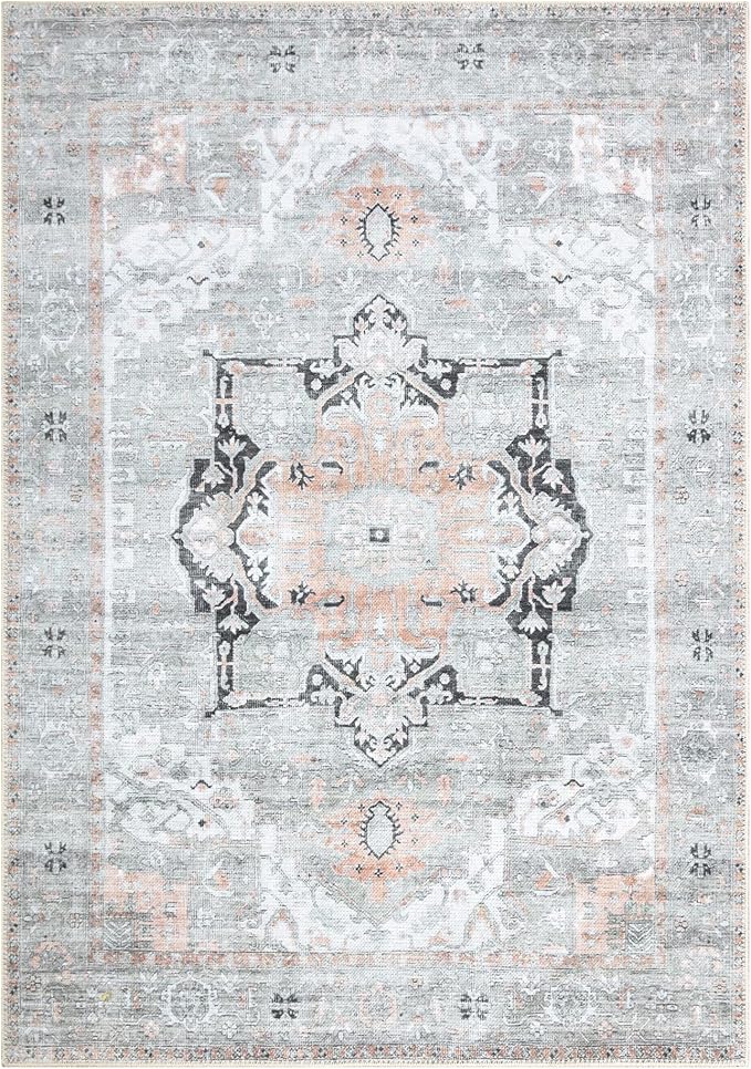 Bloom Rugs Washable Non-Slip 6' x 9' Rug - Gray/Coral Pink Traditional Area Rug for Living Room, Bedroom, Dining Room, and Kitchen - Exact Size: 6' x 9'