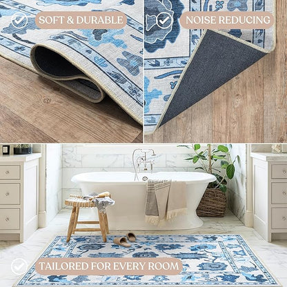 Fame Living Navy Blue Oushak Runner Rug, Modern Runners, Turkish, Eclectic, Floral, Pastel, Washable, Small Rugs, Short Runner for Hallway, Entryway, Laundry, Bedroom, Kitchen, Bathroom, 2'5"x6'5"