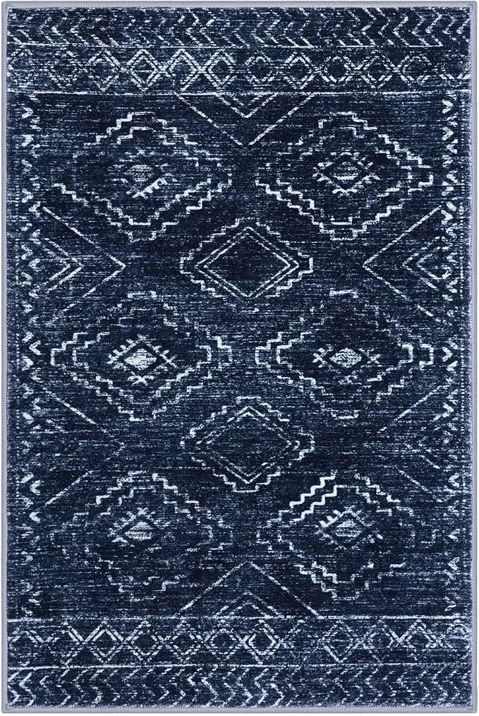 KILOCOCO Boho Entryway Rug 3x5 Area Rug Washable Non Slip Printed Throw Rugs Soft for Kitchen Living Room Dining Bedroom Geometric Moroccan Carpet, Dark Blue