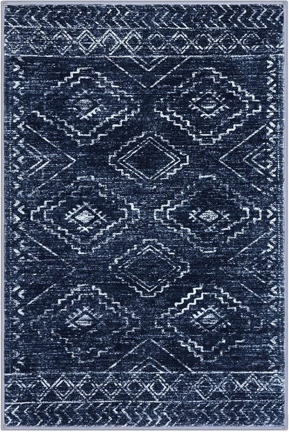 KILOCOCO Area Rug 4'x6' Entryway Rug Washable Bedroom Rugs Non Slip Printed Boho Low-Pile Rubber Backed Blue Soft Rugs for Kitchen Living Room Dining Geometric Moroccan Carpet, Dark Blue