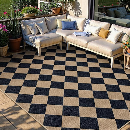 Lahome Checkered Easy Jute Patio Rug, 6x9 Washable Indoor Outdoor Rug, Farmhouse Neutral Non Slip Non Shedding Low Pile Floor Carpet for Deck Living Dining Room Office Mudroom