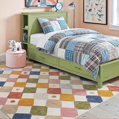 jinchan Macy Area Rug 5x7 Kids Washable Indoor Floor Cover Non-Slip Modern Soft Rug Elementary School Classroom Colorful Diamond Carpet for Nursery Playroom Daycare Bedroom Living Room Circus on Cream