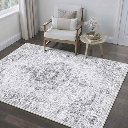 HUGEAR Washable 3x5 Area Rugs Retro Grey Living Room Bedroom Rug Vintage Distressed Non Slip Stain Resistant Low Pile Neutral Throw Carpet for Home Decor