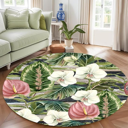 6ft Round Indoor Rug Non-Shedding Machine Washable，Low Pile Non-Slip Carpet with Tropical Floral Pattern，Soft Floor Mat for Living Room, Bedroom, Mudroom Easy Clean Home Decor