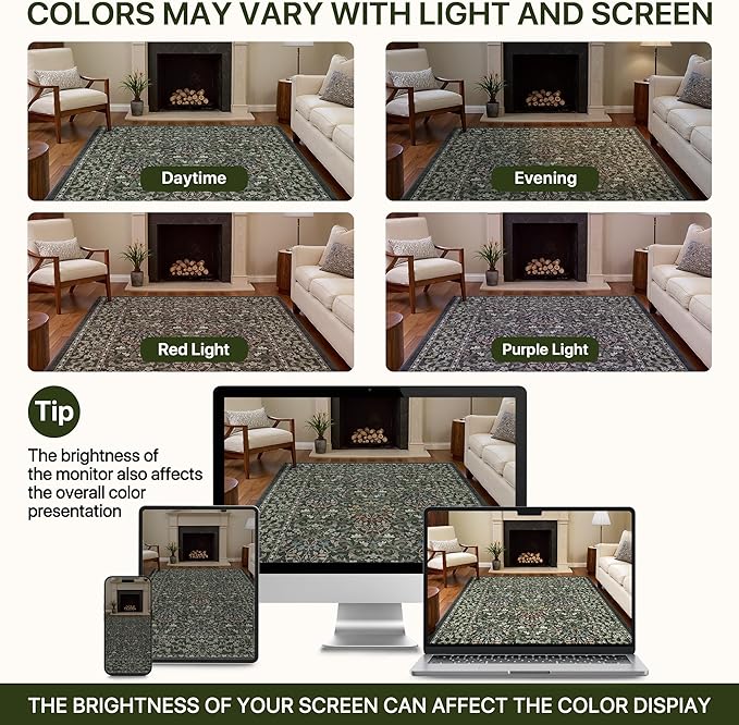 Bavni 6x9 Area Rugs for Living Room, Floral Rug Machine Washable Non Slip, Vintage Boho Forest Carpet, Soft Low Pile Thin Lightweight Rugs for Bedroom, Farmhouse, Dining Room Office, Emerald Green