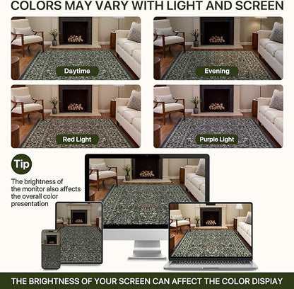 Bavni 5x7 Area Rugs for Living Room, Floral Rug Machine Washable Non Slip, Vintage Boho Forest Carpet, Soft Low Pile Thin Lightweight Rugs for Bedroom, Farmhouse, Dining Room Office, Emerald Green